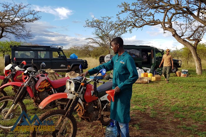 A Honda XR 400 trail bike parked on a dirt track in northern Tanzania